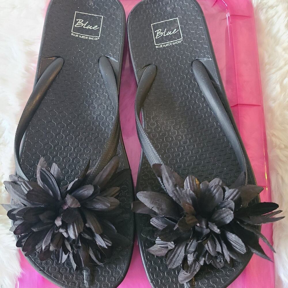 Blue Suede Shoes Black Flower Flip Flops